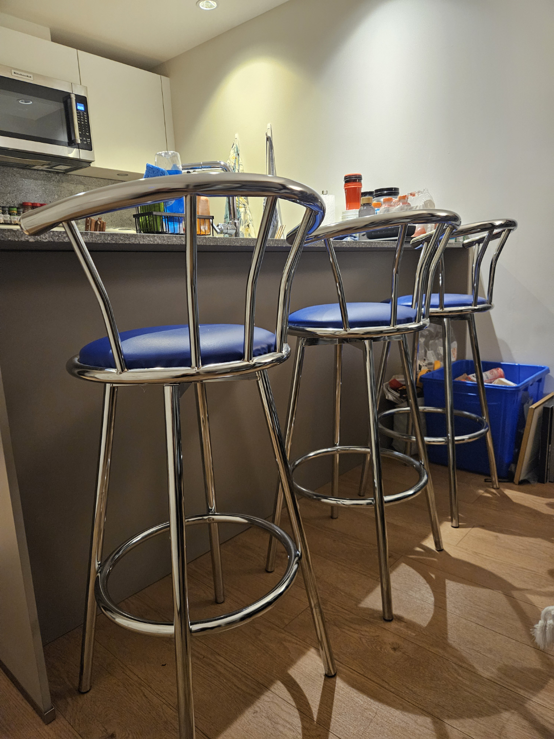 Set of Three Chrome and Blue Bar Stools
