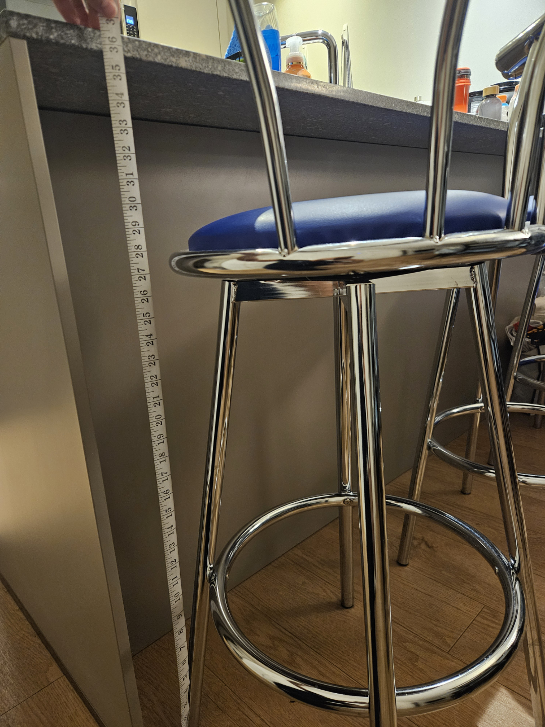 Set of Three Chrome and Blue Bar Stools - photo 4