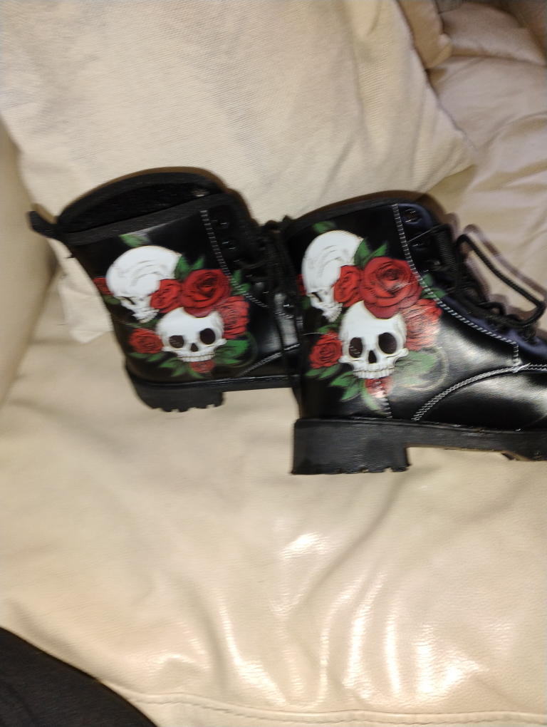 Black Lace-Up Boots with Skull and Rose Design