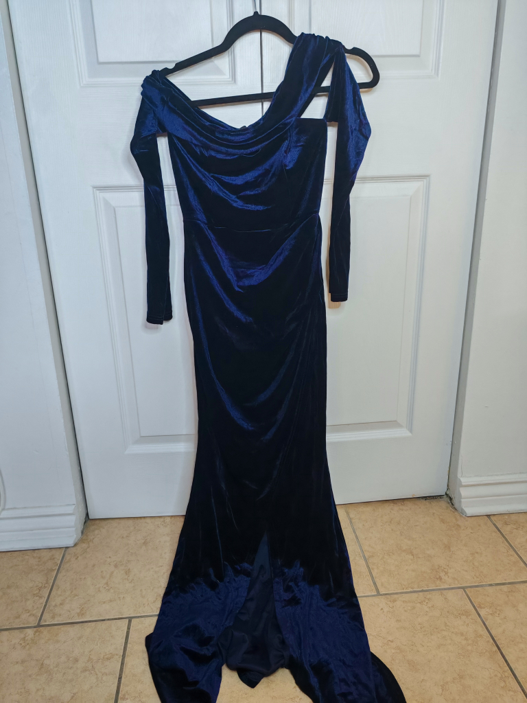 Navy Blue Velvet Maxi Prome Dress Dinner Dress - Size S