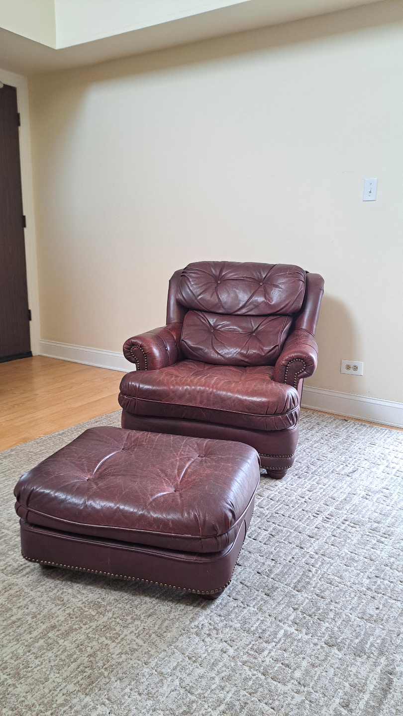 Genuine Leather Armchair with Ottoman