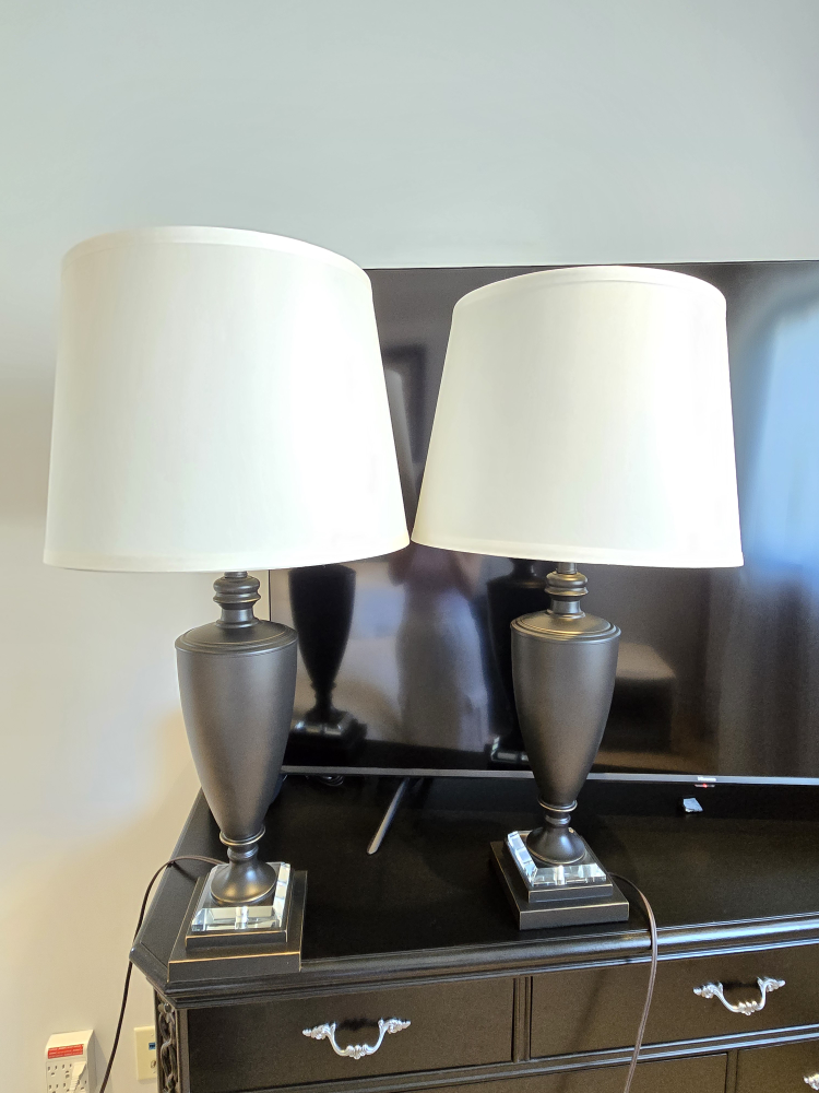 Pair of Elegant Black Table Lamps with Off-White Shades