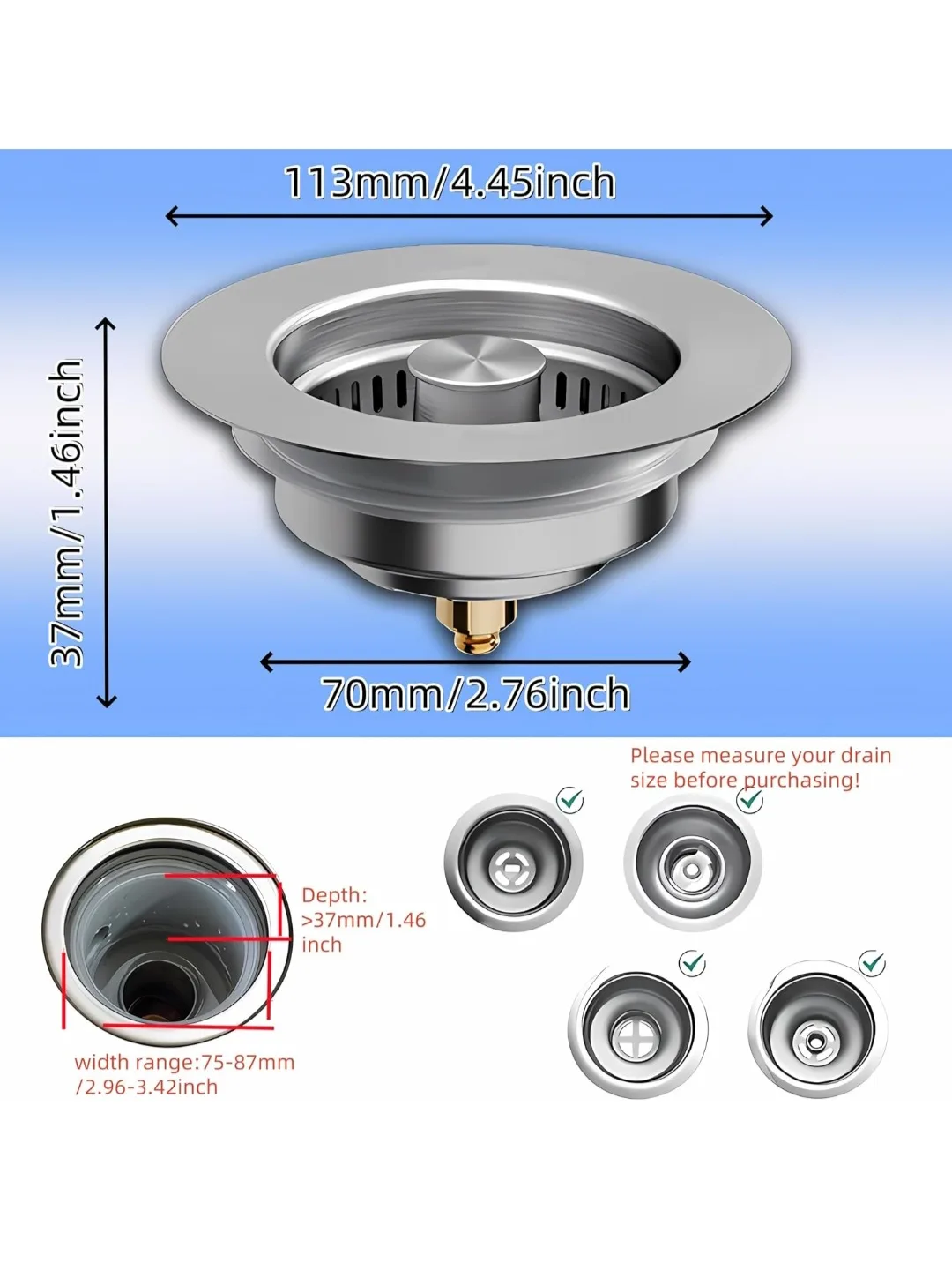 3-in-1 Stainless Steel Sink Strainer and Stopper image indicator(6)