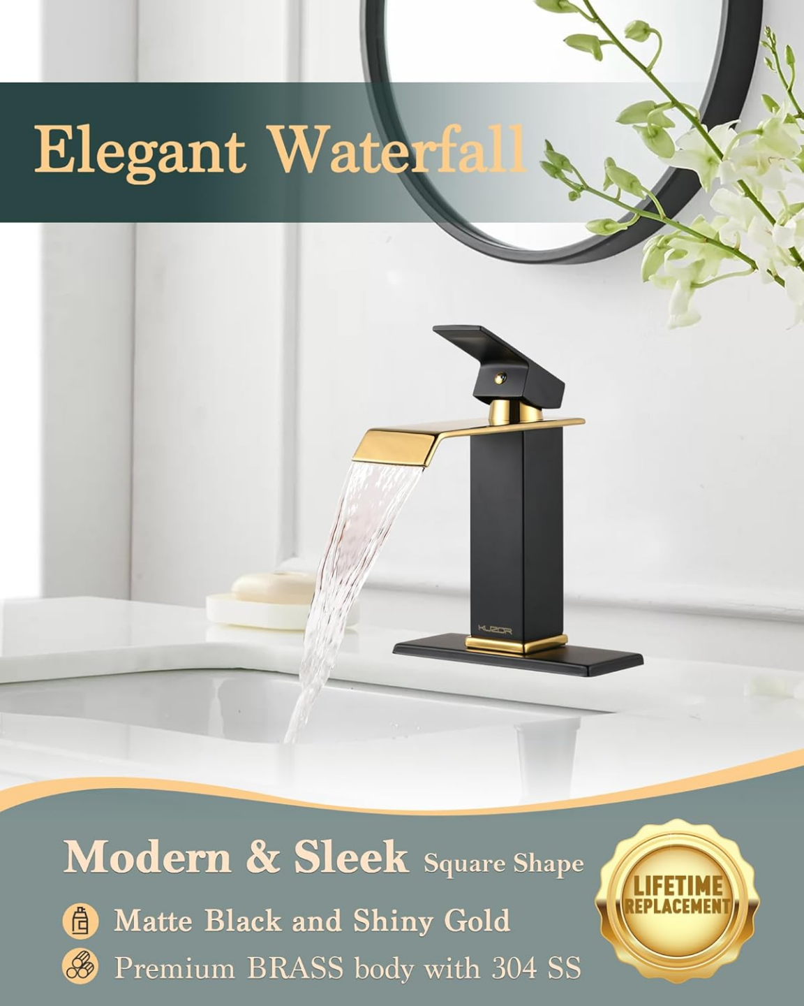 Kuzor Waterfall Bathroom Faucet - Matte Black and Shiny Gold