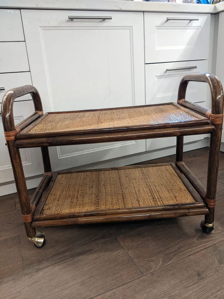 rattan and bamboo vintage side table on wheels thumbnail