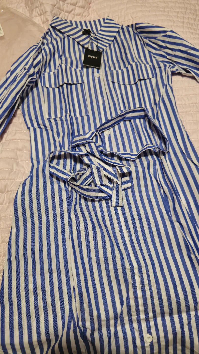 Striped shirt dress with self-tie belt thumbnail