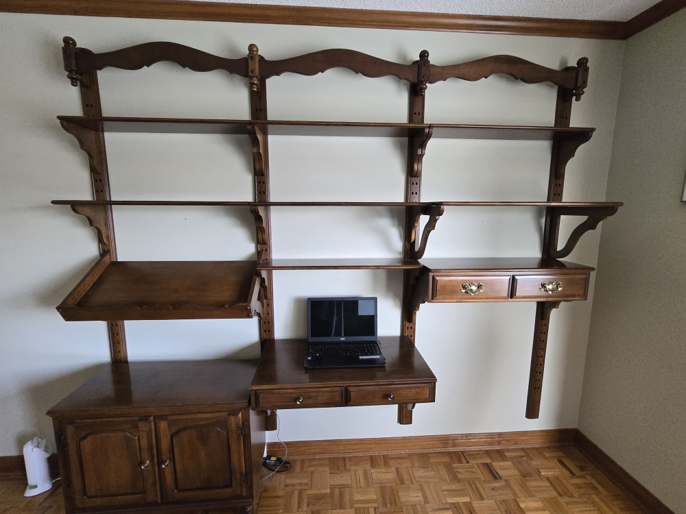 Wall Mounted Shelving unit with Desk and Cabinets