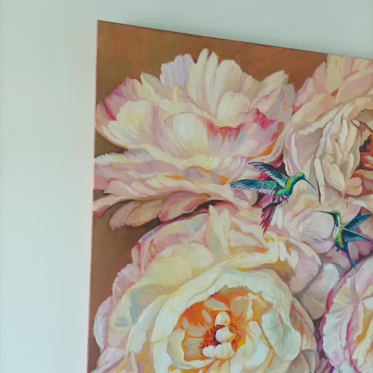 Original Oil Painting - Hummingbirds and Peonies image indicator(8)