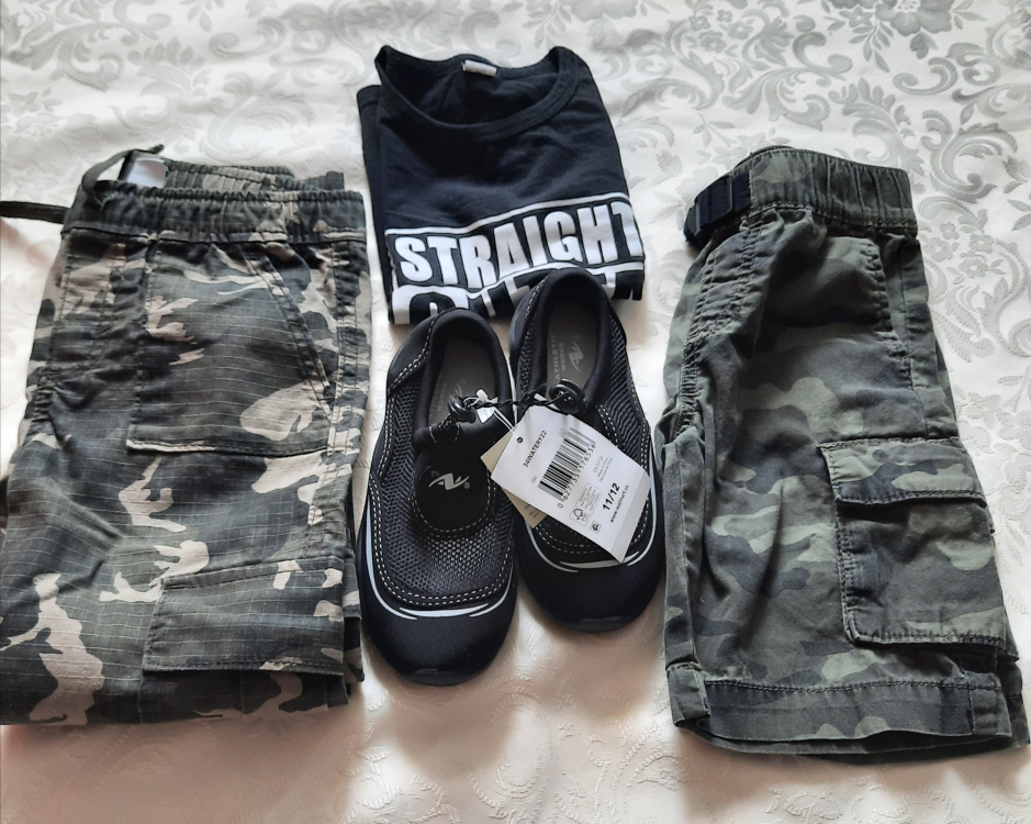4 Pcs Boy's Camo Cargo Shorts, Pants, T-Shirt & Water Shoes
