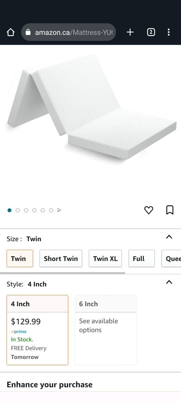 Tri-fold Mattress - Twin Size - 4 Inch Thick