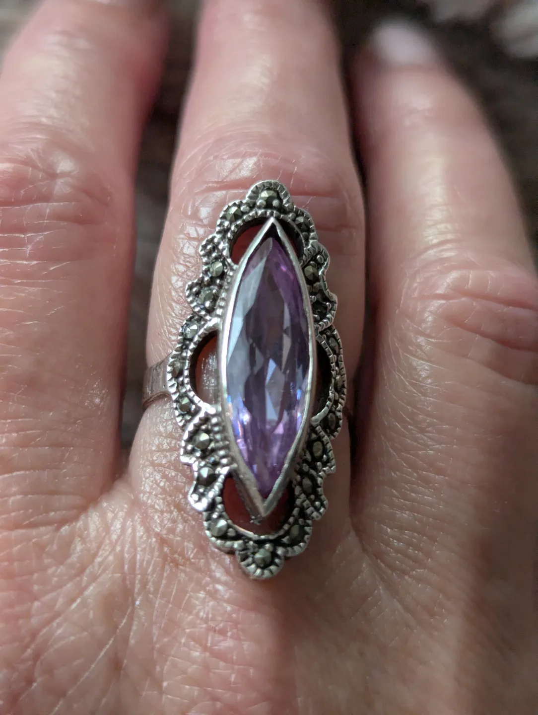 Vintage Marquise Amethyst Ring with Marcasite Accents thumbnail