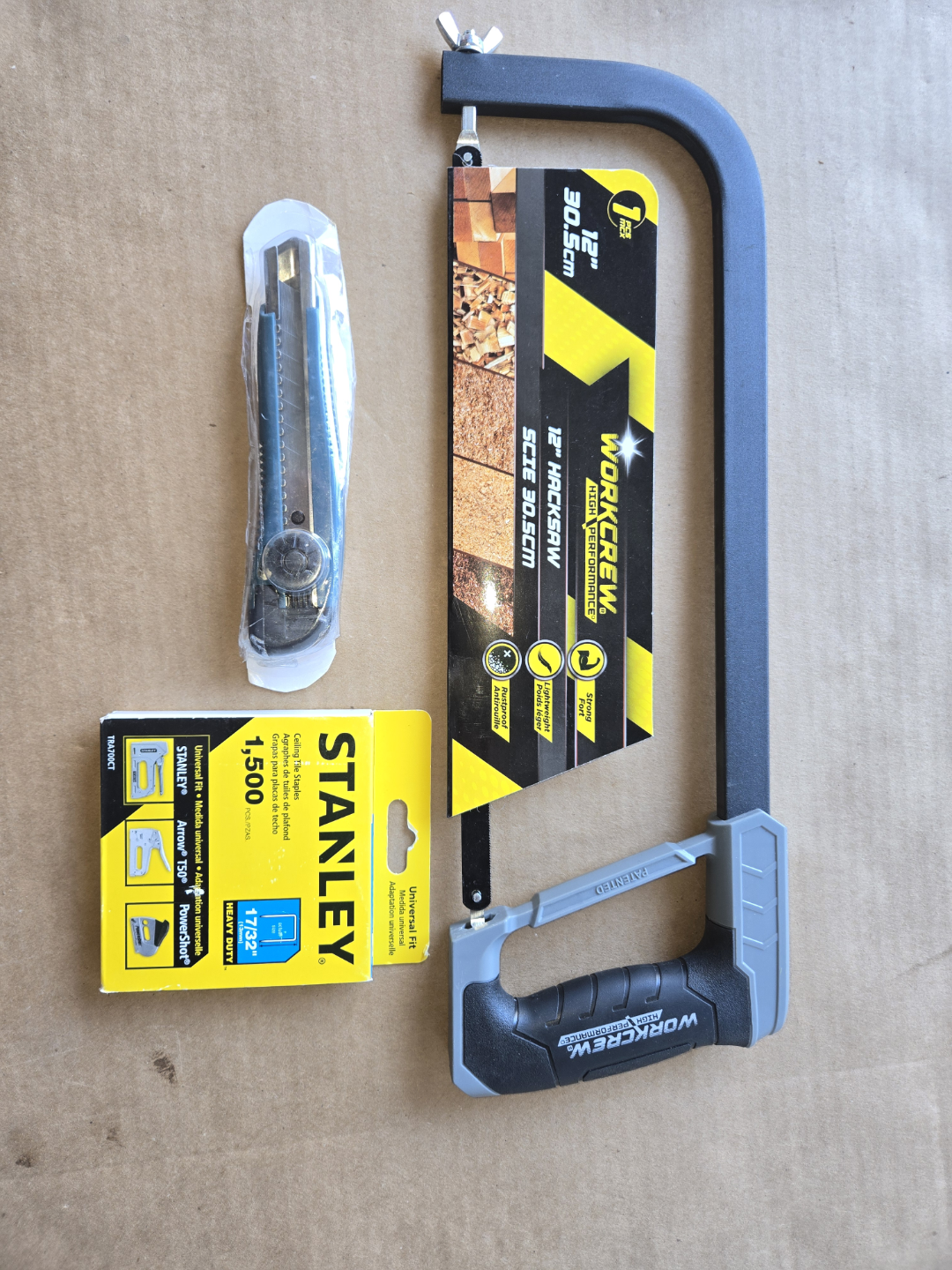 Stanley staples, Workcrew hacksaw, and utility knife
