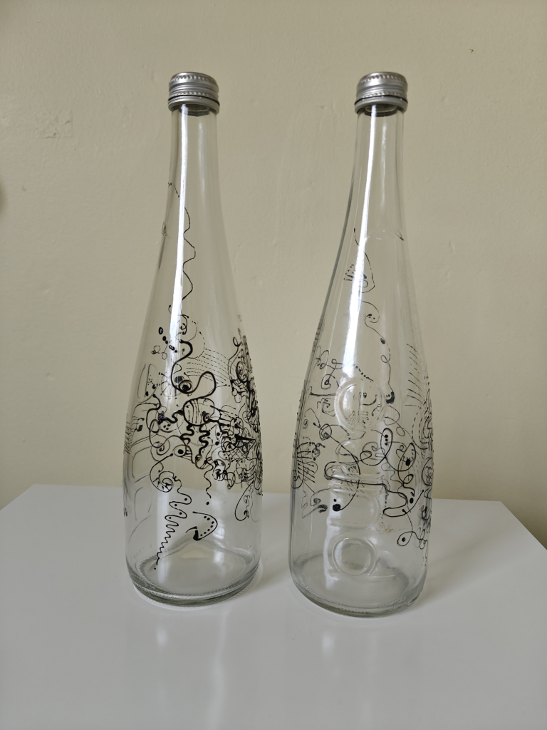 2 Upcycled Evian Water Bottles with Unique Hand-Drawn Design