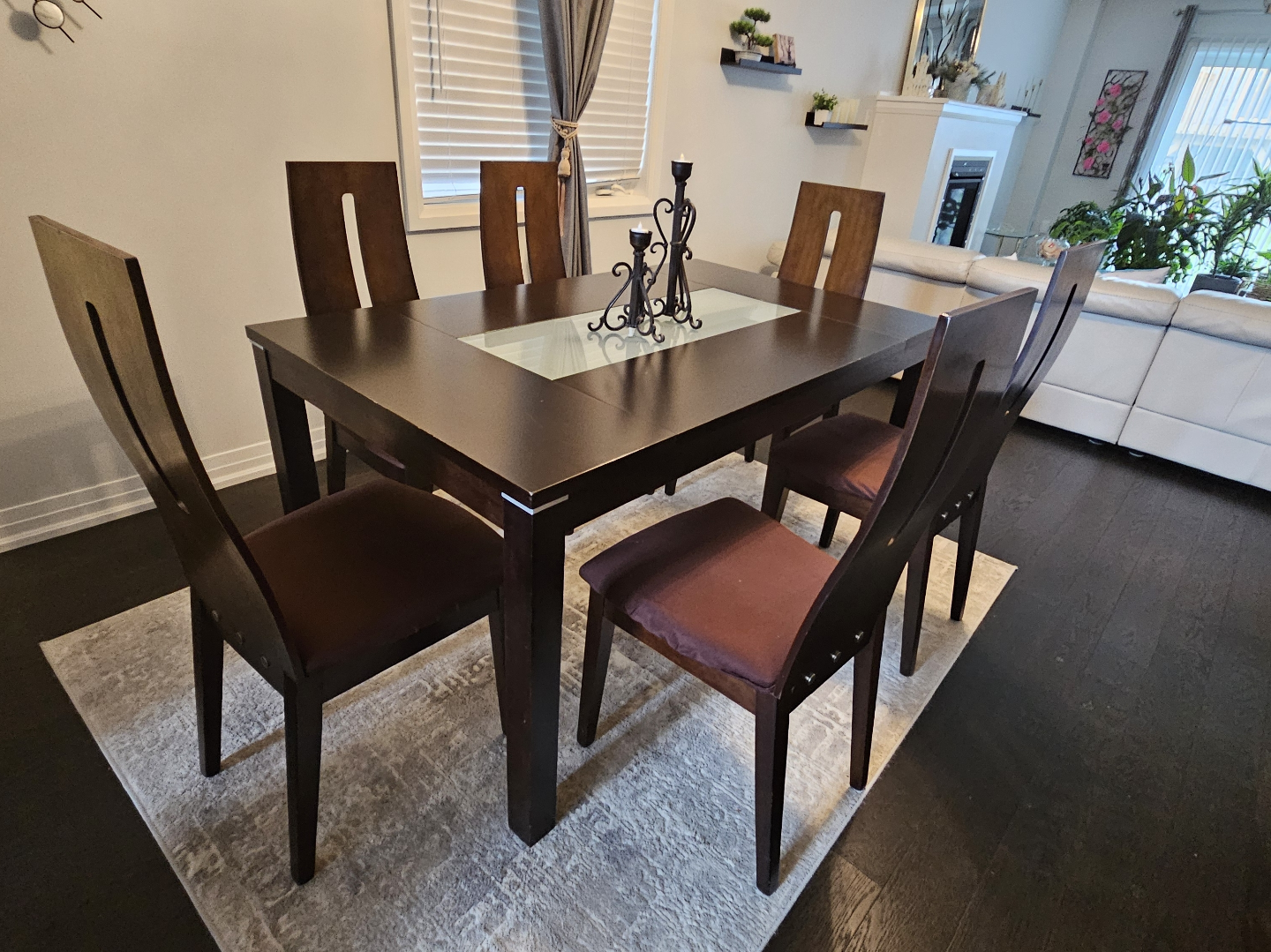 Dark brown 6-piece dining set with glass insert