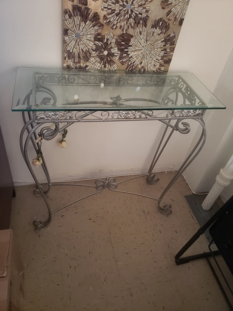 Ornate Metal Console Table with Glass Top