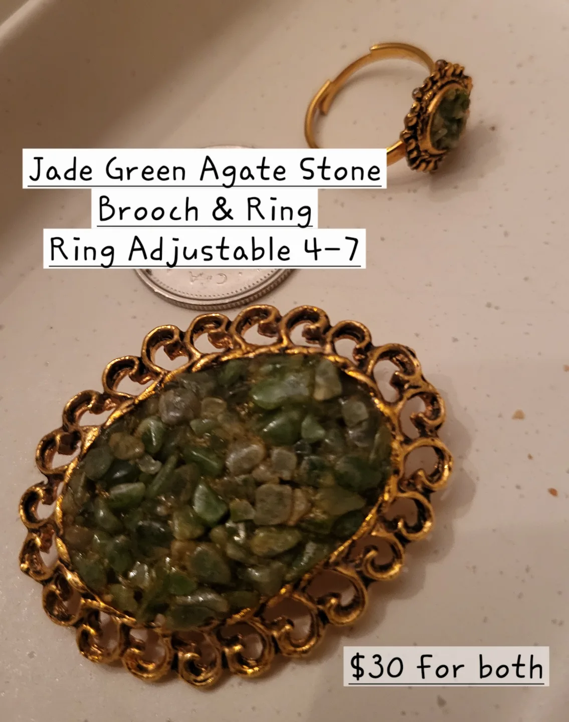 Jade Green Agate Stone Brooch & Ring Set thumbnail