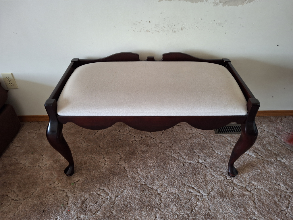 Dark Wood Vanity Bench with Off-White Cushion