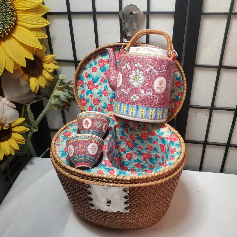 Vintage Chinese Tea Set In Basket thumbnail
