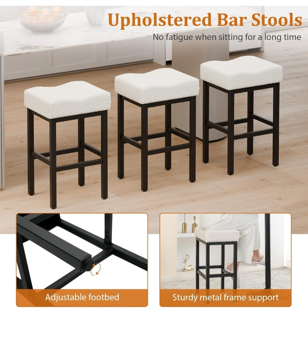 Set of 3 Modern Bar Stools with Thick Cushions