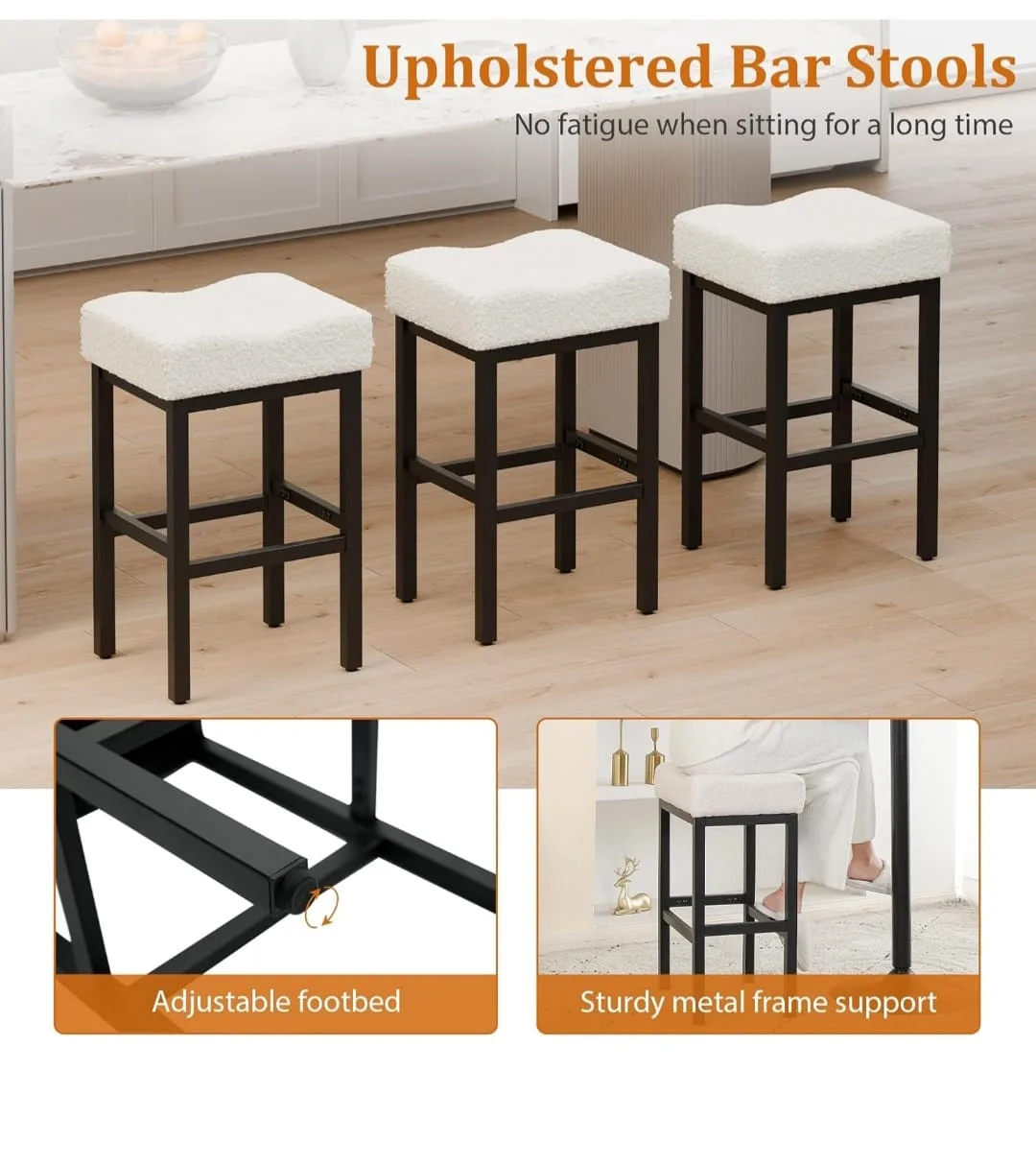 Set of 3 Modern Bar Stools with Thick Cushions thumbnail