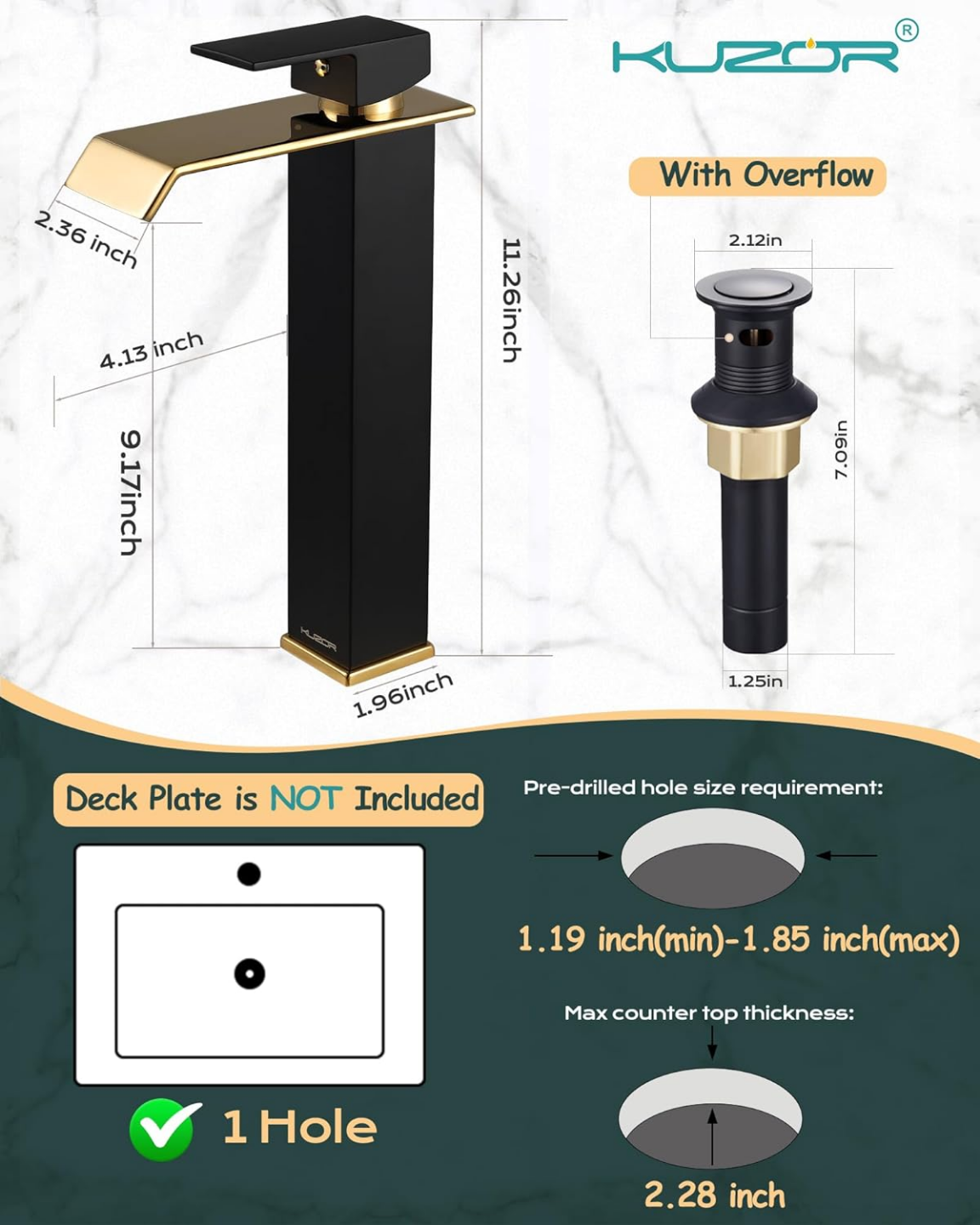 Kuzor Waterfall Bathroom Faucet - Matte Black and Shiny Gold - photo 3