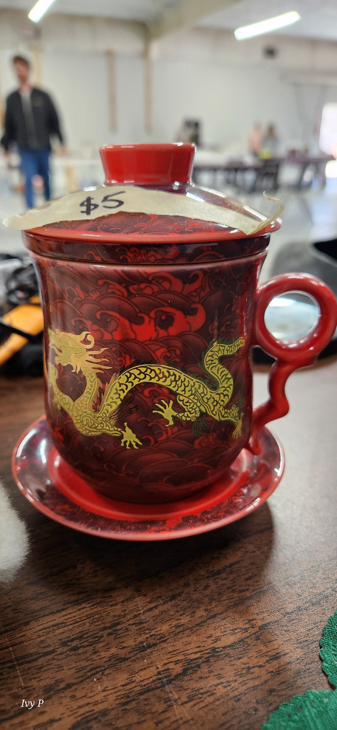 Red Dragon Tea Cup with Lid and Saucer