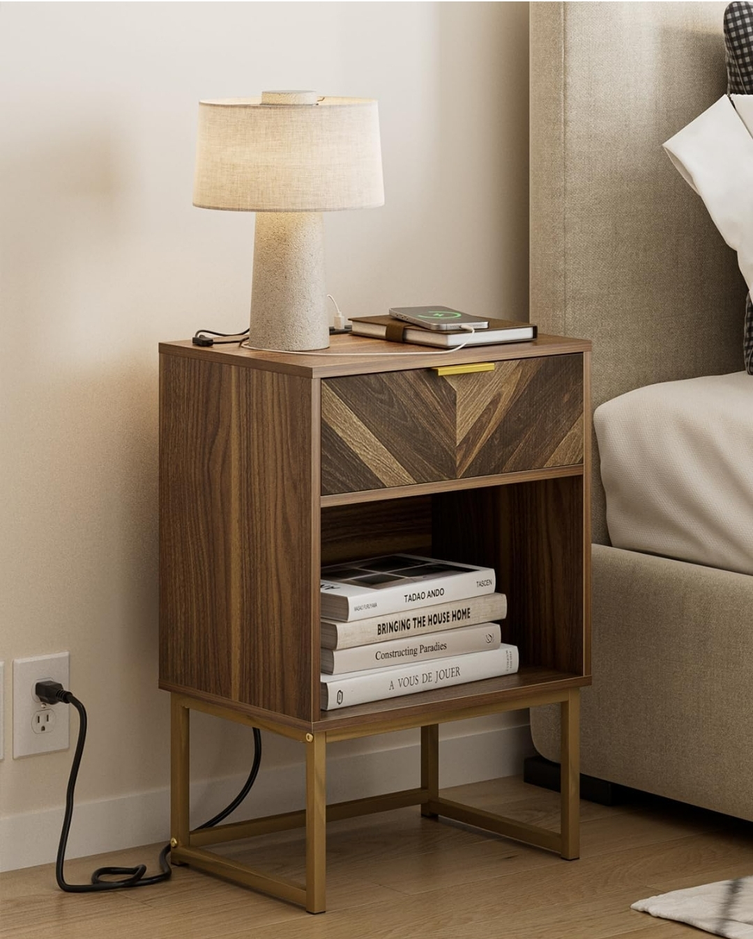 Modern Nightstand with Built-in Outlets and USB Ports