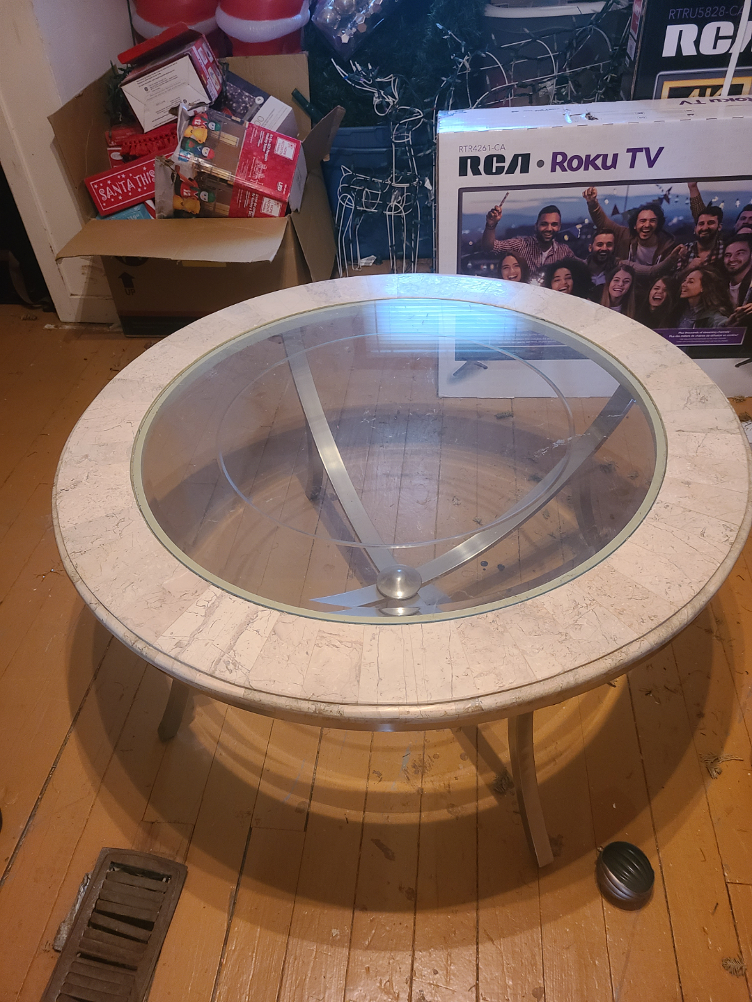 Round Glass Top Coffee Table with Marble Inlay - photo 3