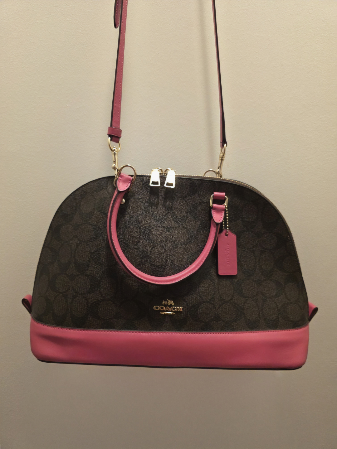 Coach Dome Satchel - Brown Signature Canvas with Pink Accents