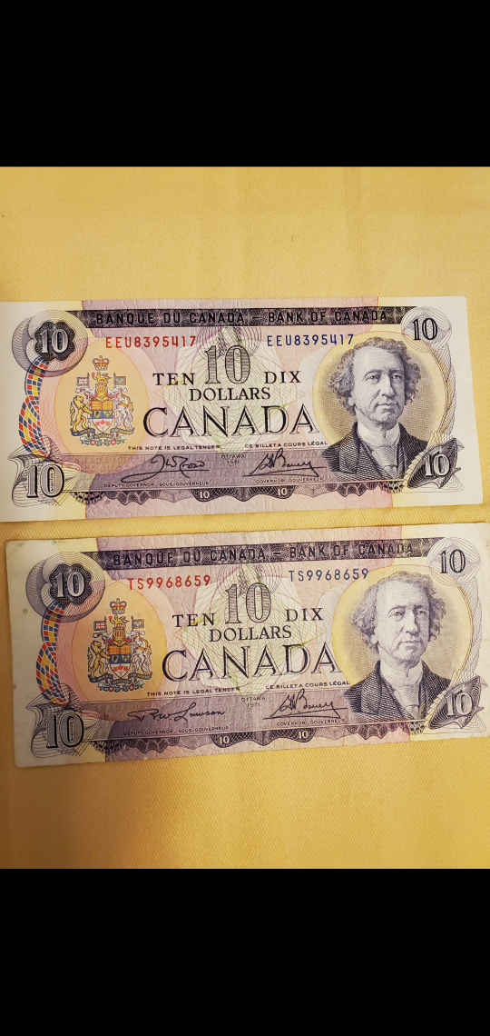 Vintage Canadian Ten Dollar Bills - Two Notes
