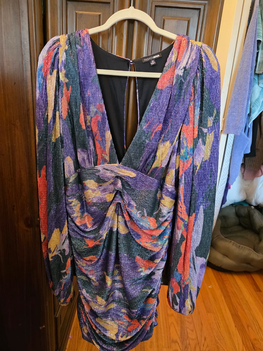 💚Fashion Nova 1X Metallic Abstract Print Mini Dress thumbnail
