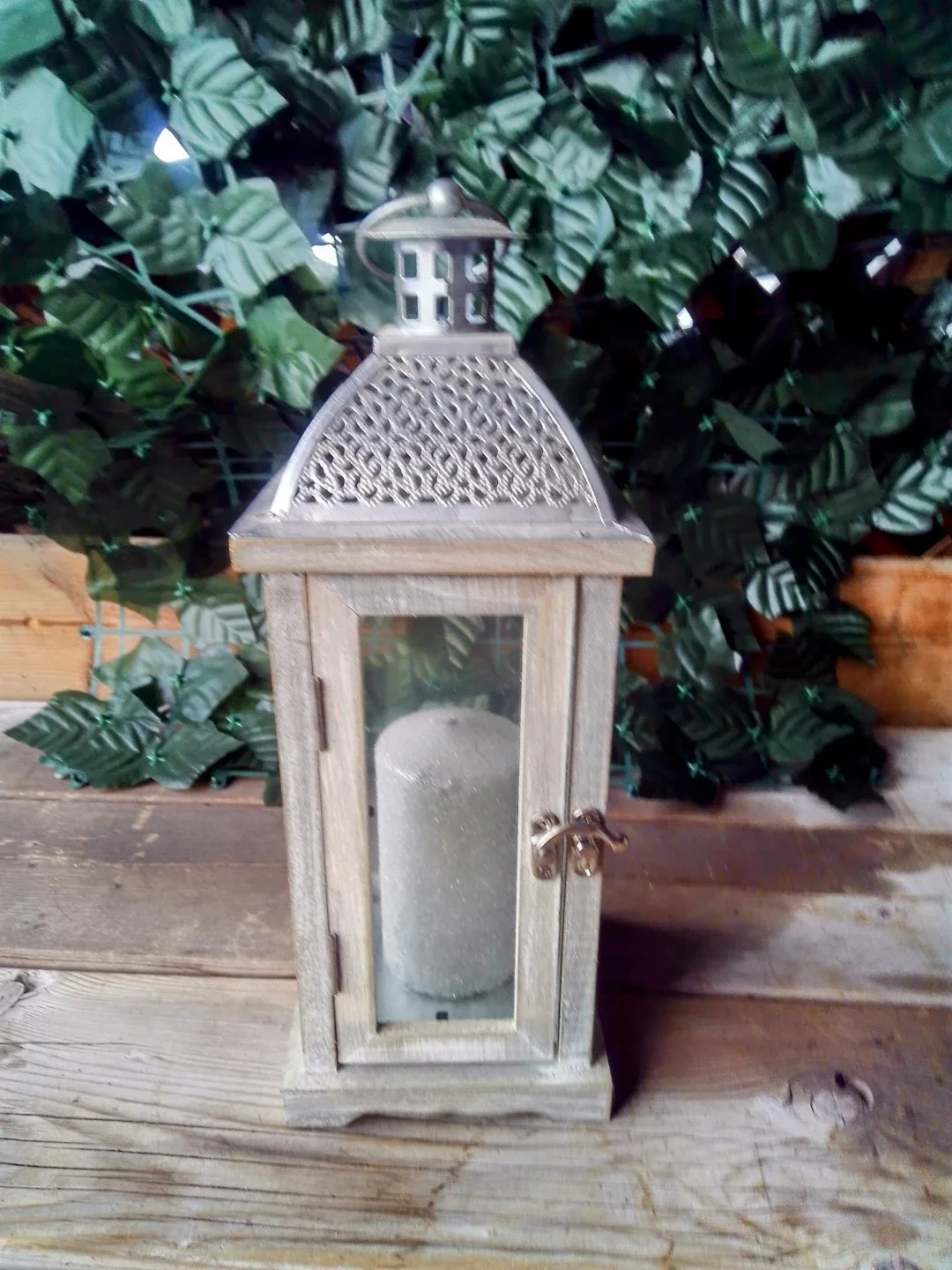 Rustic Wooden Lantern with Metal Top thumbnail
