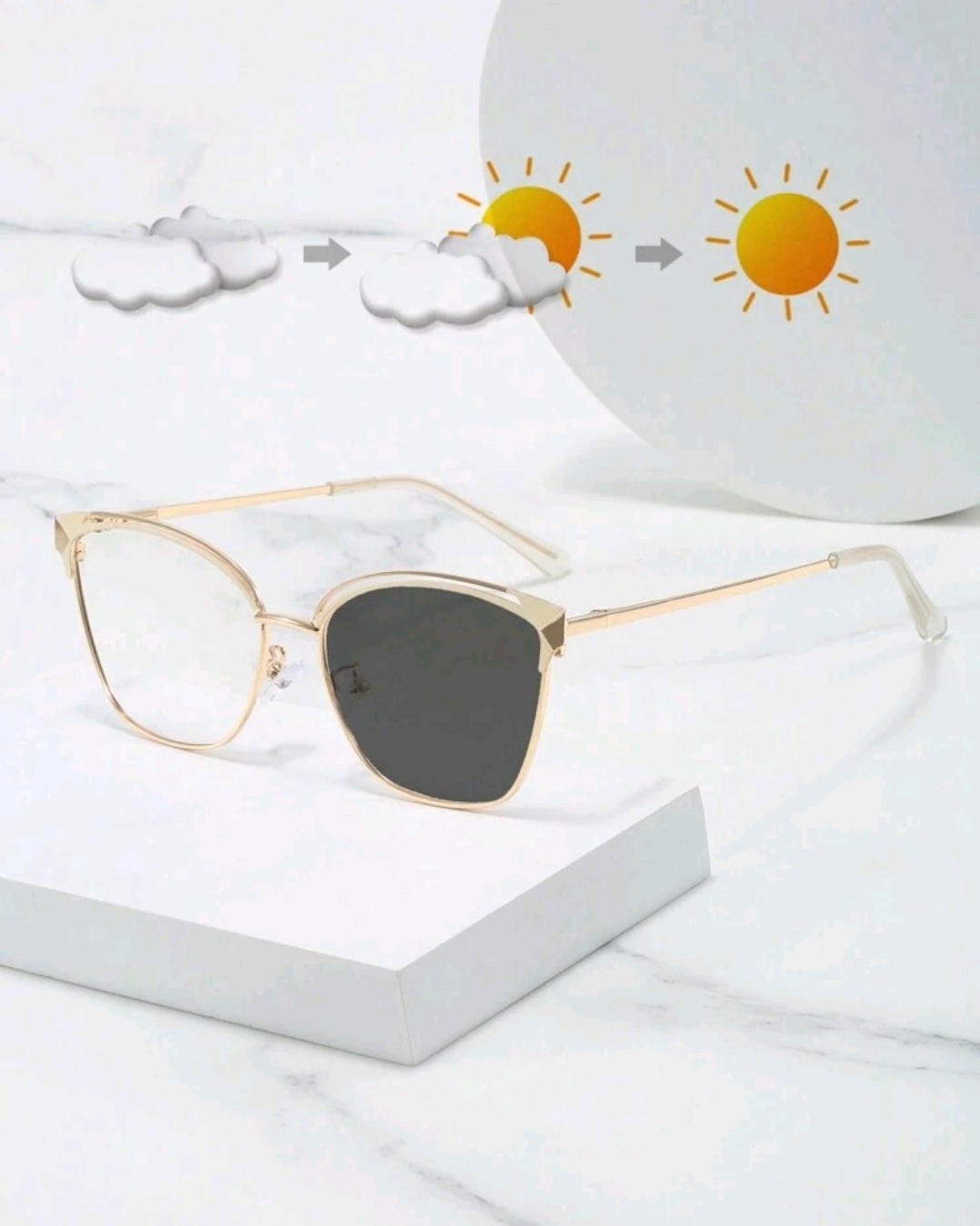 TRANSITION LENS /ANTI BLUE Gold Metal Frame Cat Eye Glasses