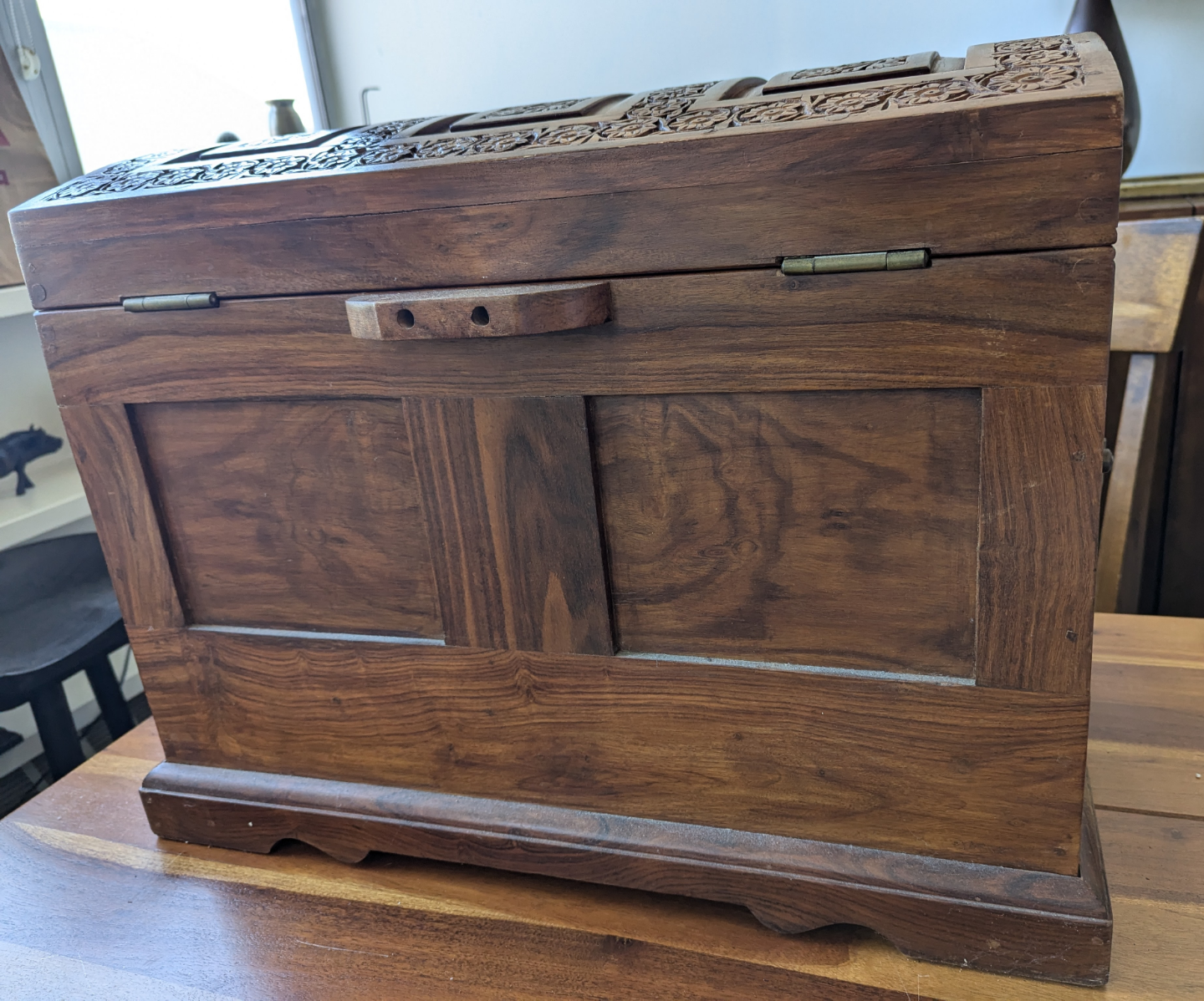 Hand-Carved Wooden Chest with Drawer