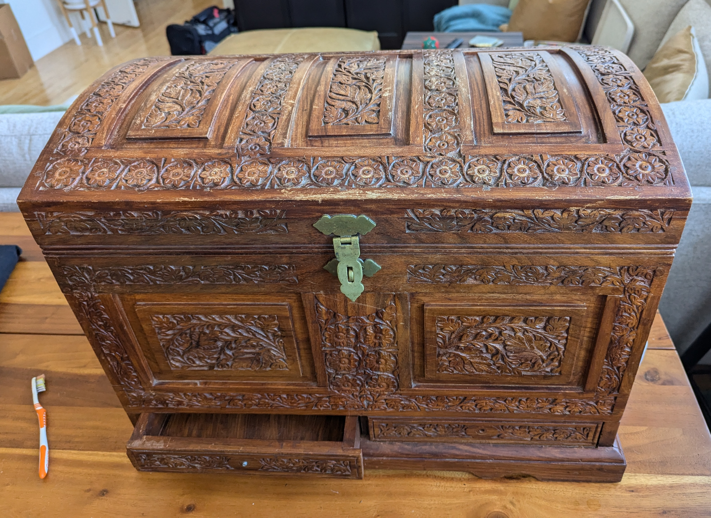 Hand-Carved Wooden Chest with Drawer - photo 2