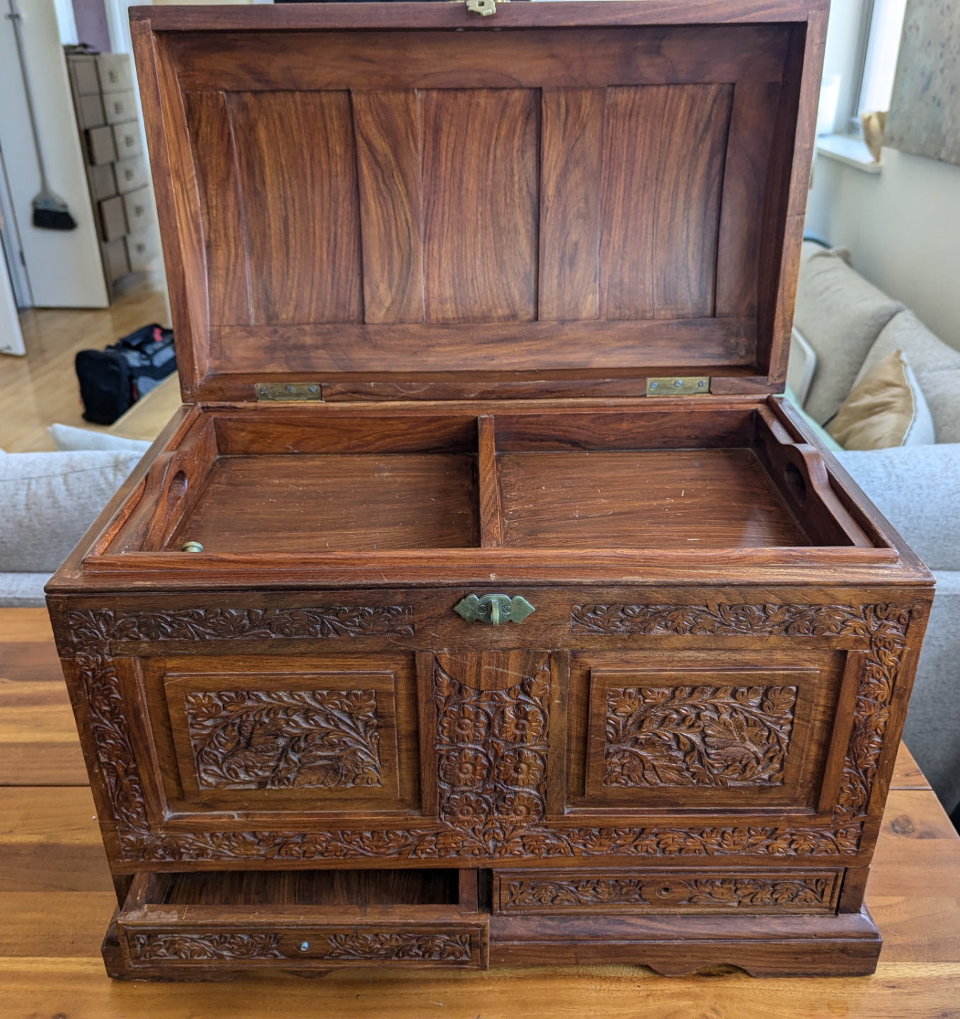 Hand-Carved Wooden Chest with Drawer - photo 3
