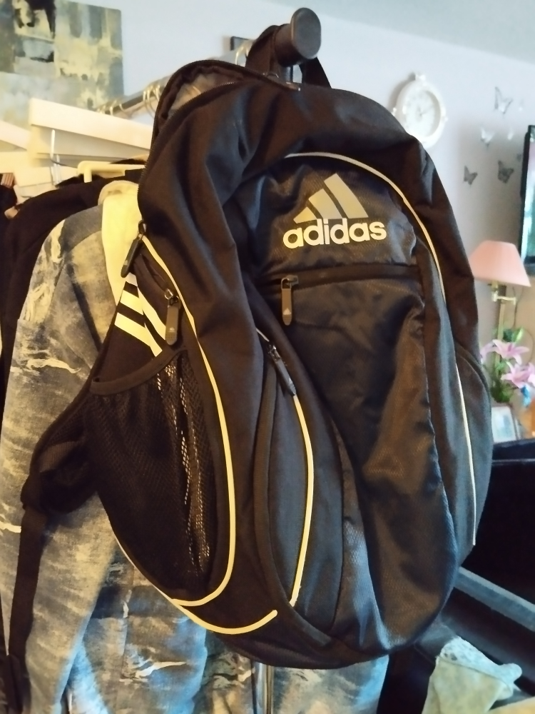 Adidas Black Backpack with White Stripes