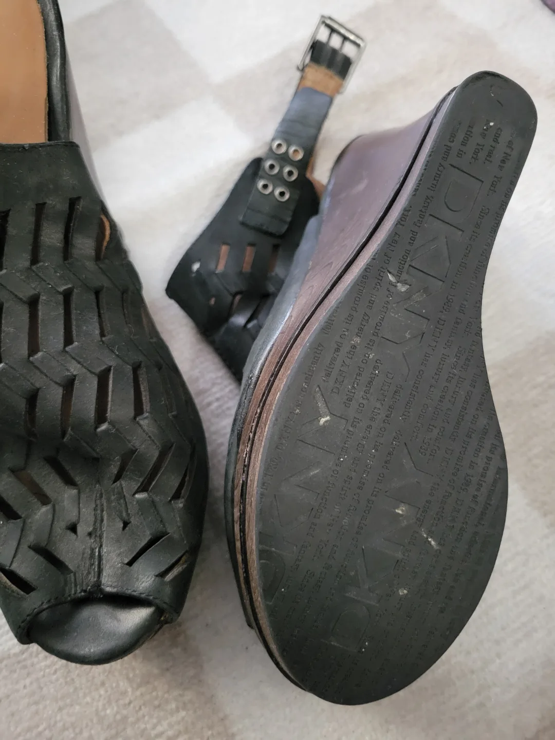 DKNY Cecile Black Leather Wedge Sandals - Size 6.5/37 image indicator(5)