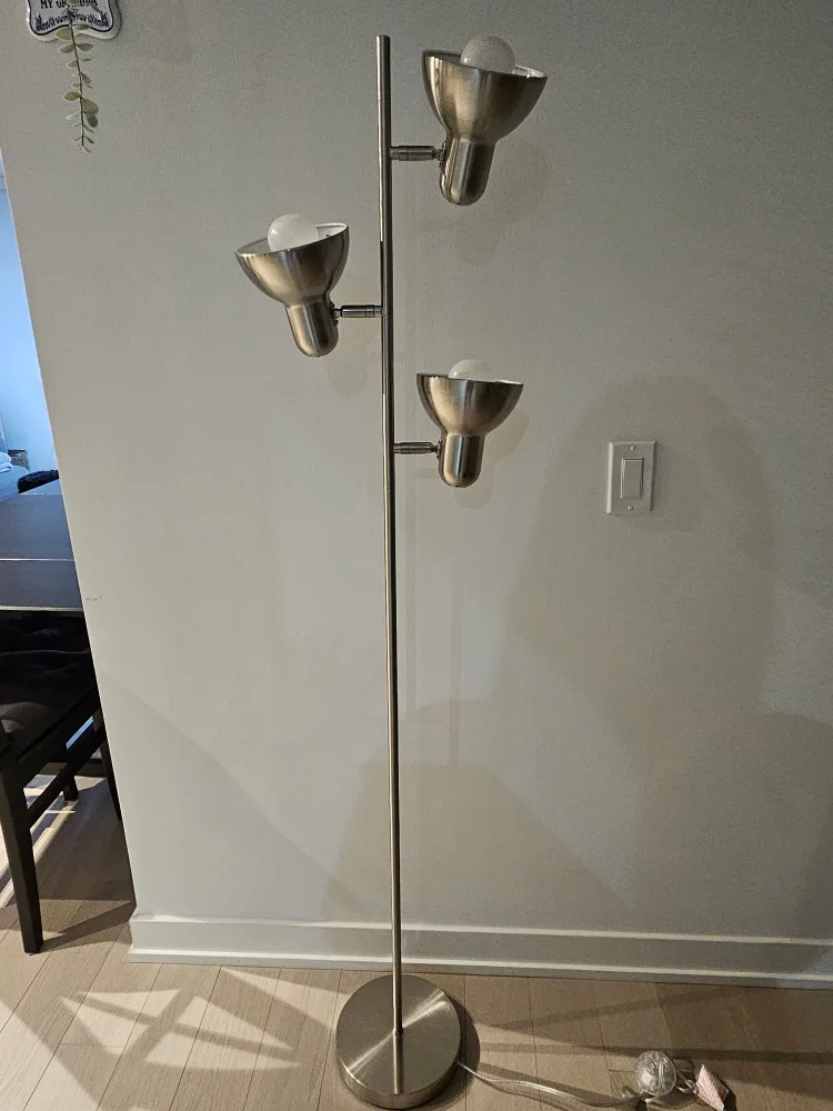 MOVING OUT SALE - Three-light floor lamp, brushed nickel finish thumbnail