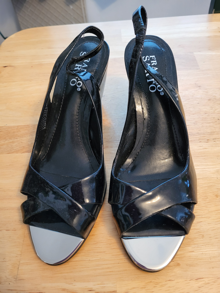 Franco Sarto Black Patent Leather Slingback Wedges