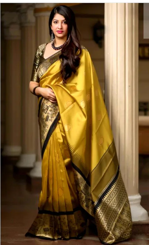 Mustard Yellow and Black Banarasi Silk Saree thumbnail