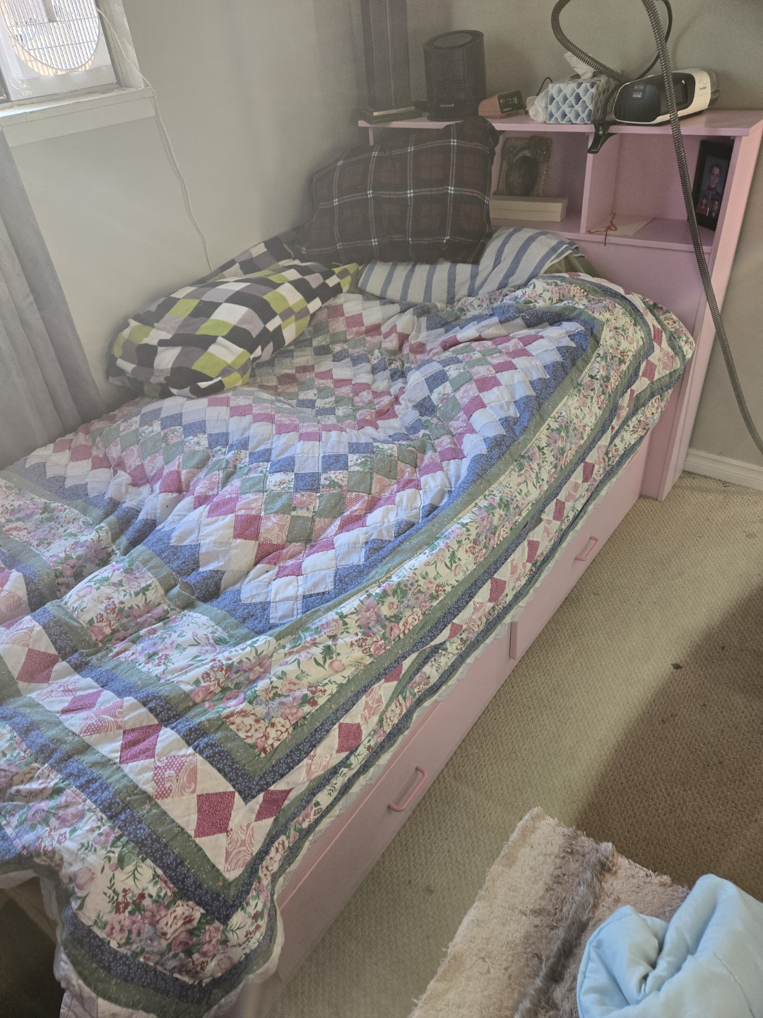 Pink Twin-Size Bed Frame with Built-in Bookcase Headboard