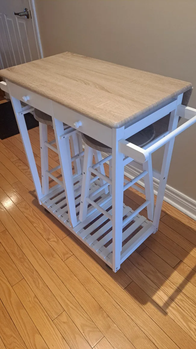 White Kitchen Island with Drop-Leaf Table and Two Stools image indicator(4)