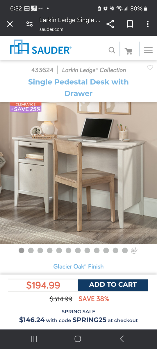 Sauder Larkin Ledge Single Pedestal Desk with Drawer -