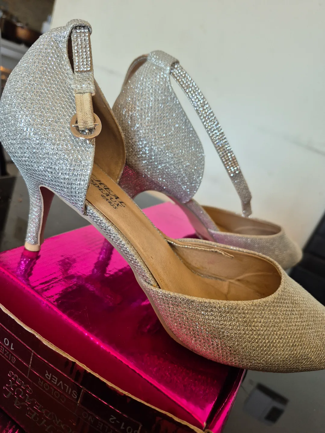 Silver Glitter Ankle Strap Heels - Size 10 image indicator(3)