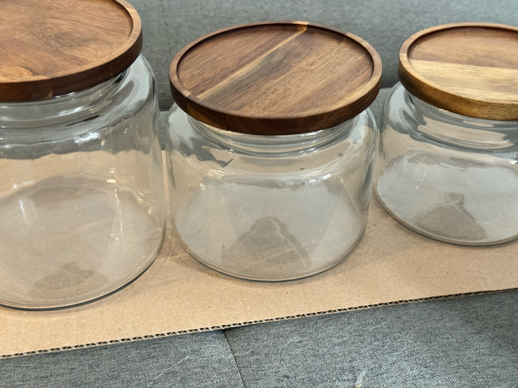 Set of 3 Glass Canisters with Wooden Lids