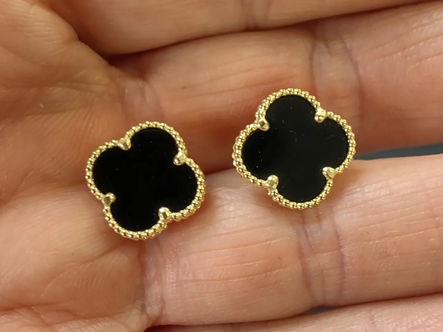 Black Onyx Clover Earrings, Gold Tone thumbnail