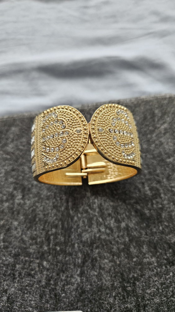 Gold-tone Hinged Cuff Bracelet with Clear Rhinestones - photo 2