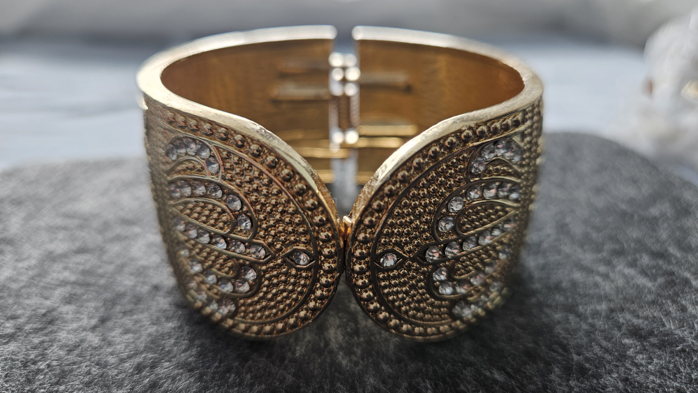 Gold-tone Hinged Cuff Bracelet with Clear Rhinestones - photo 3