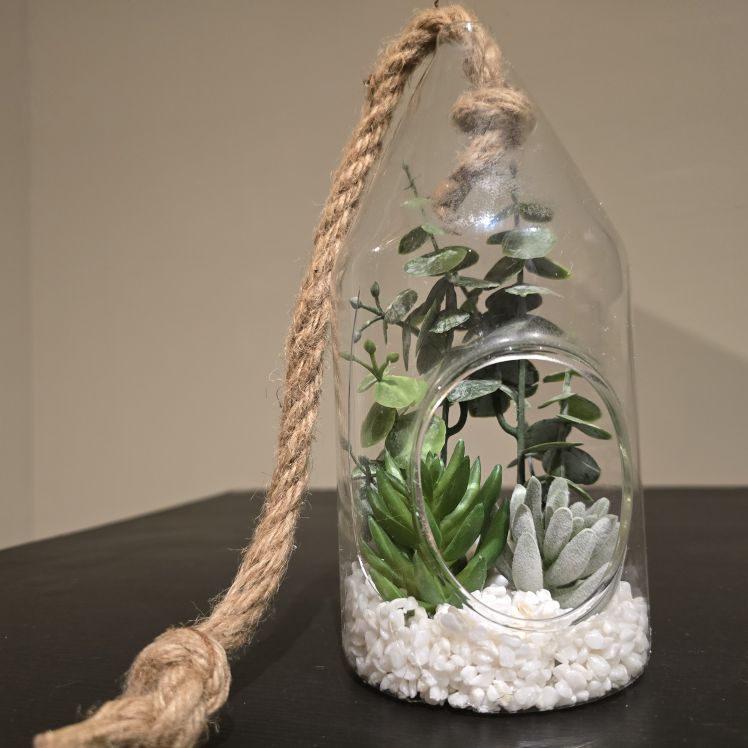 Glass Hanging Planter with Artificial Succulents